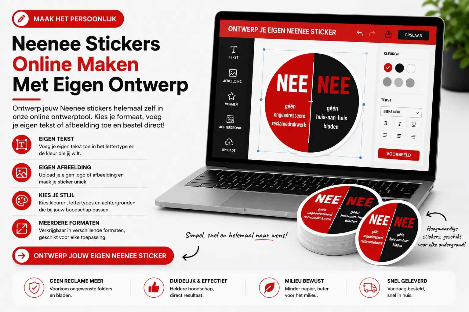 Gepersonaliseerde nee nee stickers online bestellen met eigen tekst, logo en huisstijl - online ontwerptool voor neenee stickers maken op laptop